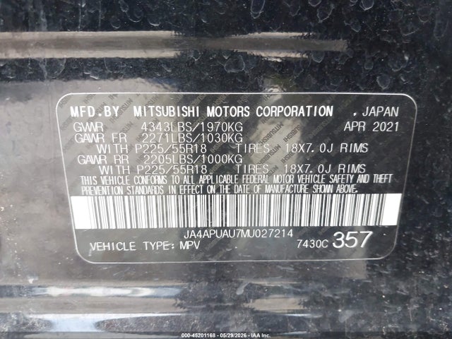 Aukcja sprzedaży 2021 Mitsubishi Outlander Sport 2.0 Be 2wd/2.0 Es 2wd/2.0 Le 2wd/2.0 S 2wd, vin: JA4APUAU7MU027214, numer aukcji: 45201168