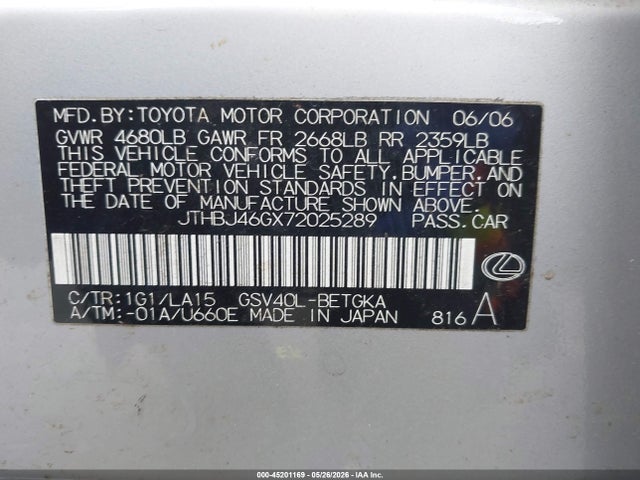 45201169 :رقم المزاد ، JTHBJ46GX72025289 vin ، 2007 Lexus Es 350 مزاد بيع