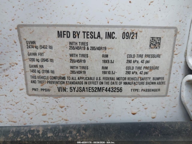 Продаж на аукціоні авто 2021 Tesla Model S Long Range Dual Motor All-wheel Drive, vin: 5YJSA1E52MF443256, номер лоту: 45201176