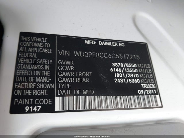 2012 Mercedes-benz Sprinter 2500 High Roof მანქანა იყიდება აუქციონზე, vin: WD3PE8CC6C5617215, აუქციონის ნომერი: 45201194