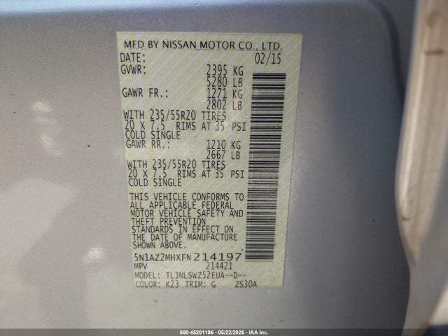 5N1AZ2MHXFN214197 Nissan Murano Platinum