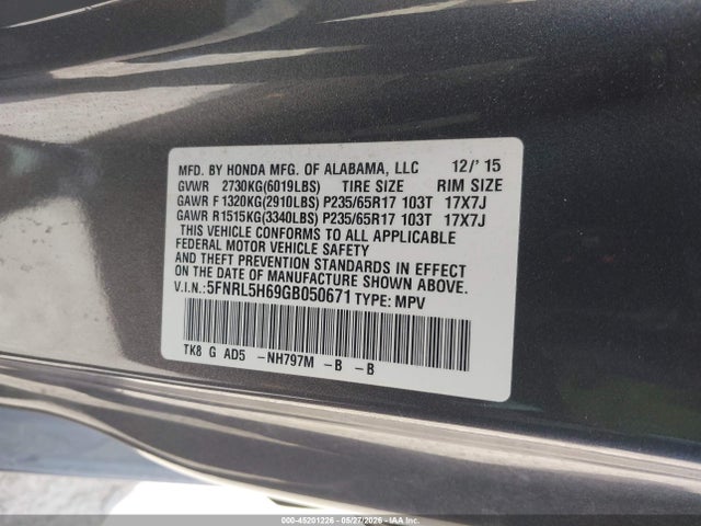 5FNRL5H69GB050671 Honda Odyssey Ex-l
