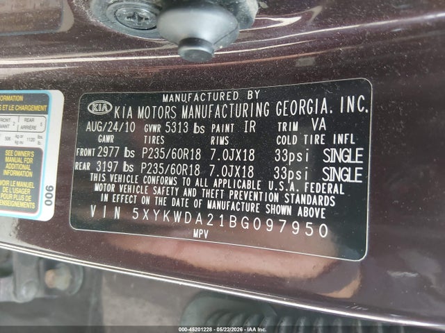 2011 Kia Sorento Sx V6 მანქანა იყიდება აუქციონზე, vin: 5XYKWDA21BG097950, აუქციონის ნომერი: 45201228