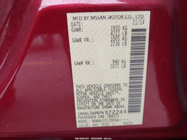 Aukcja sprzedaży 2015 Nissan Altima 2.5 S, vin: 1N4AL3AP6FN372243, numer aukcji: 45201231