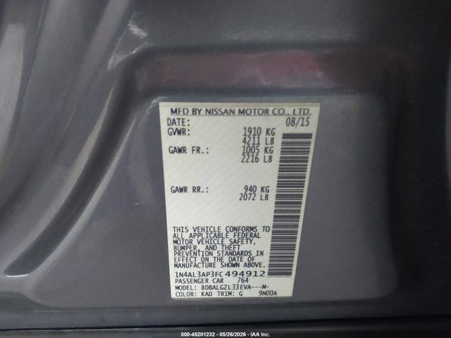 Продажа на аукционе авто 2015 Nissan Altima 2.5 S, vin: 1N4AL3AP3FC494912, номер лота: 45201232