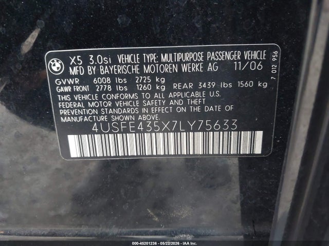 Продажа на аукционе авто 2007 Bmw X5 3.0si, vin: 4USFE435X7LY75633, номер лота: 45201236