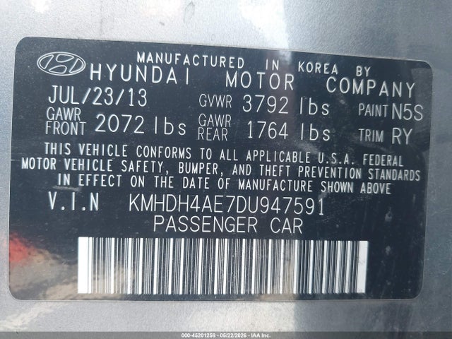 45201258 :رقم المزاد ، KMHDH4AE7DU947591 vin ، 2013 Hyundai Elantra Limited مزاد بيع