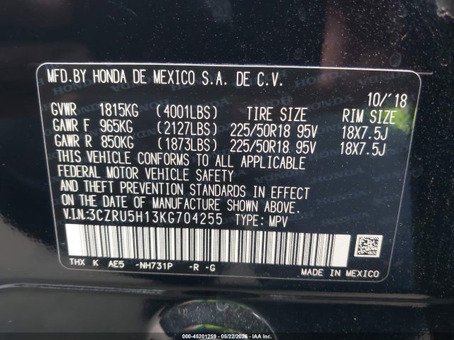 45201259 :رقم المزاد ، 3CZRU5H13KG704255 vin ، 2019 Honda Hr-v Sport مزاد بيع