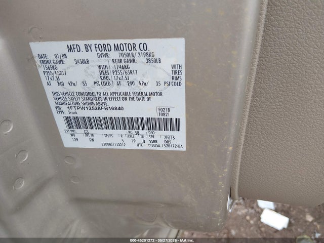Продажа на аукционе авто 2008 Ford F-150 60th Anniversary/fx2/king Ranch/lariat/limited/xlt, vin: 1FTPW12528FB16840, номер лота: 45201272