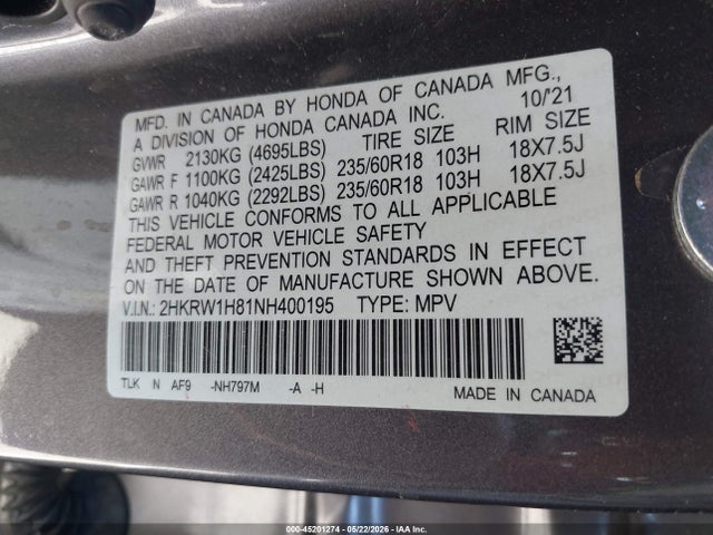 2HKRW1H81NH400195 Honda Cr-v 2wd Ex-l