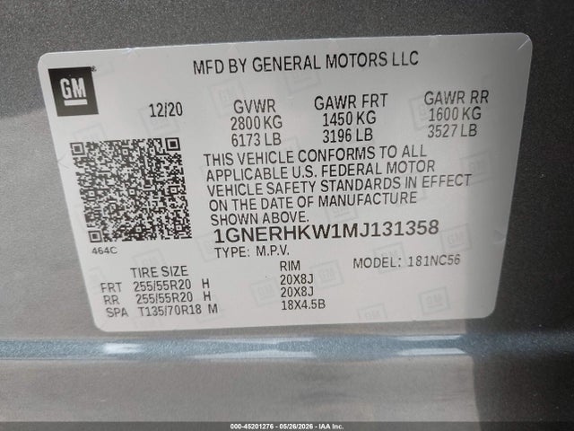 45201276 :رقم المزاد ، 1GNERHKW1MJ131358 vin ، 2021 Chevrolet Traverse Fwd Lt Leather مزاد بيع