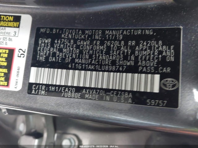 4T1G11AK1LU898747 Toyota CAMRY SE