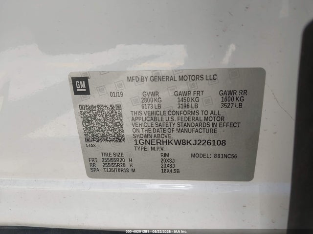 Aukcja sprzedaży 2019 Chevrolet Traverse 3lt, vin: 1GNERHKW8KJ226108, numer aukcji: 45201281