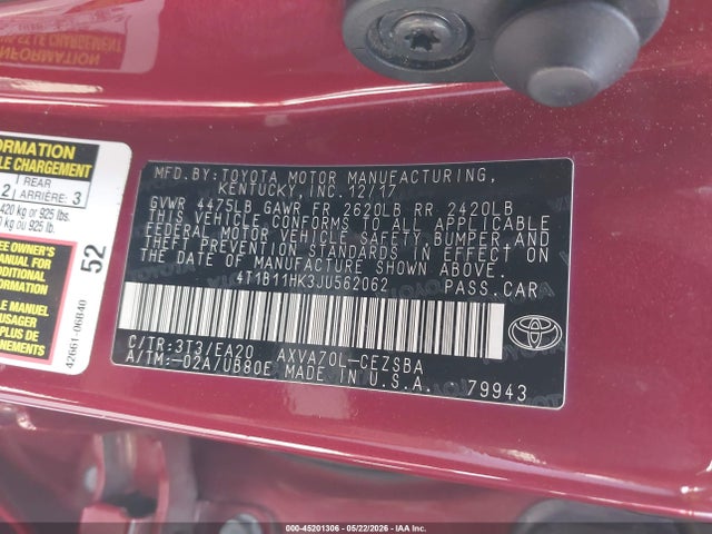 4T1B11HK3JU562062 Toyota CAMRY SE