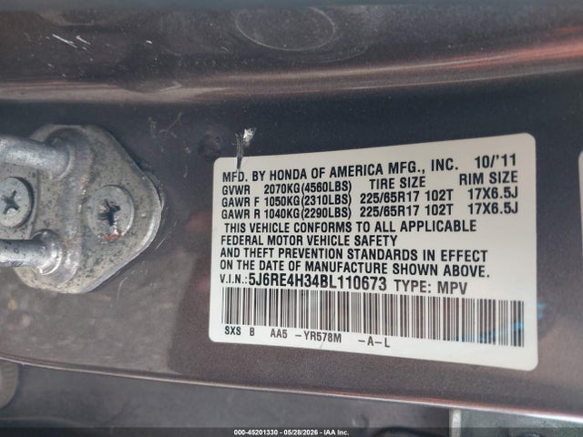 2011 Honda Cr-v Lx მანქანა იყიდება აუქციონზე, vin: 5J6RE4H34BL110673, აუქციონის ნომერი: 45201330