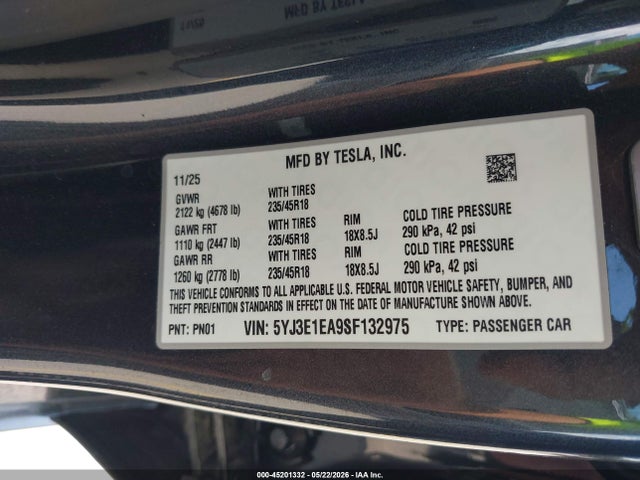 Aukcja sprzedaży 2025 Tesla Model 3 Long Range Rear-wheel Drive/standard Rear-wheel Drive, vin: 5YJ3E1EA9SF132975, numer aukcji: 45201332