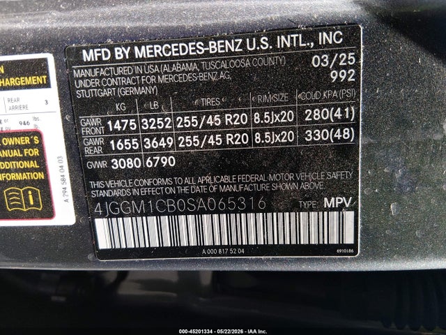 45201334 :رقم المزاد ، 4JGGM1CB0SA065316 vin ، 2025 Mercedes-benz Eqe 350 Suv 4matic مزاد بيع
