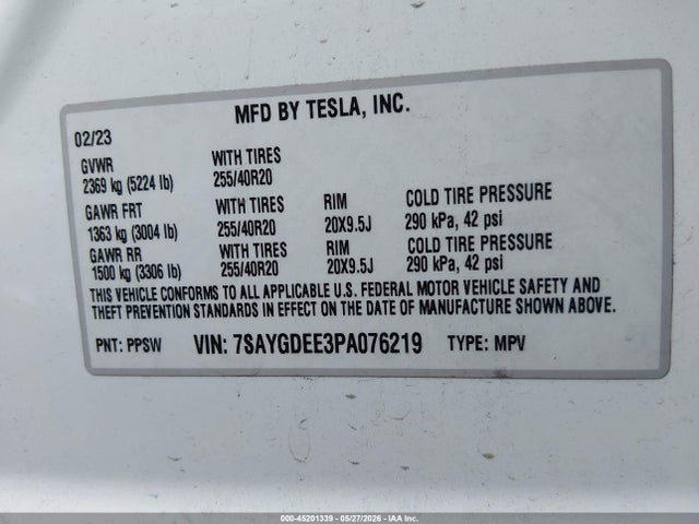 Продажа на аукционе авто 2023 Tesla Model Y, vin: 7SAYGDEE3PA076219, номер лота: 45201339