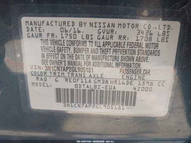 45201343 :رقم المزاد ، 3N1CN7AP2GL905181 vin ، 2016 Nissan Versa 1.6 S/1.6 S+/1.6 Sl/1.6 Sv مزاد بيع