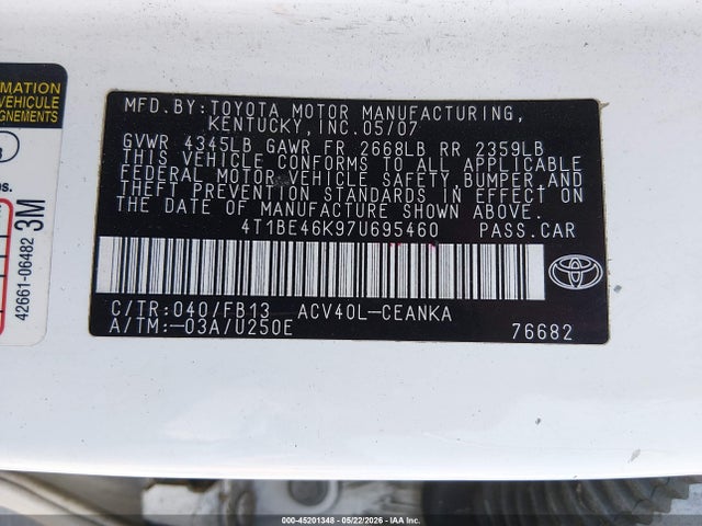 Auction sale of the 2007 Toyota Camry Le, vin: 4T1BE46K97U695460, lot number: 45201348