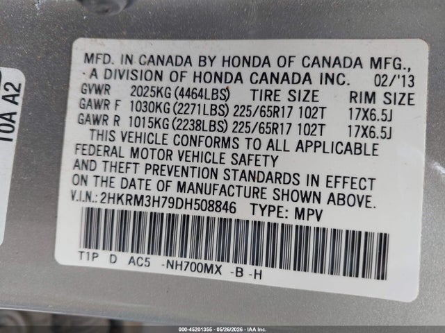 2013 Honda Cr-v Ex-l მანქანა იყიდება აუქციონზე, vin: 2HKRM3H79DH508846, აუქციონის ნომერი: 45201355