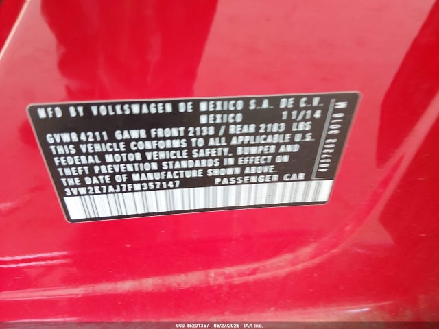 Aukcja sprzedaży 2015 Volkswagen Jetta 2.0l S, vin: 3VW2K7AJ7FM357147, numer aukcji: 45201357