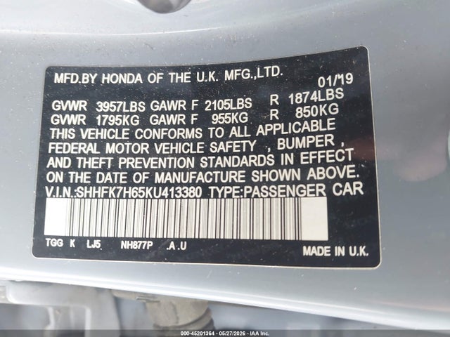 Aukcja sprzedaży 2019 Honda Civic Ex, vin: SHHFK7H65KU413380, numer aukcji: 45201364