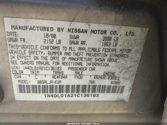 45201376 :رقم المزاد ، 1N4DL01A21C136183 vin ، 2001 Nissan Altima Gle مزاد بيع
