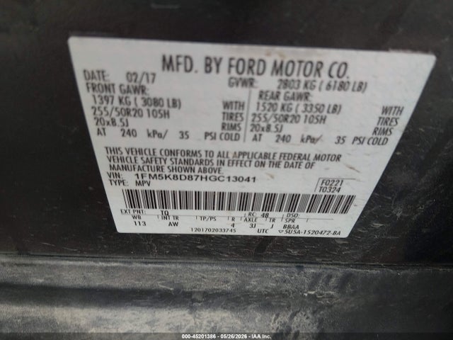 Ford EXPLORER XLT 2017 1FM5K8D87HGC13041 Image 9
