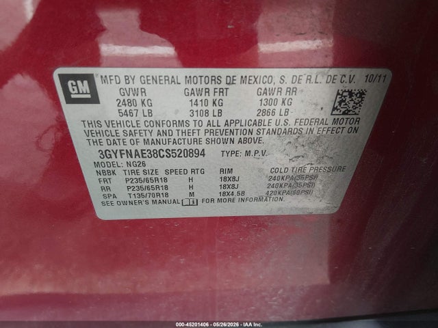 Продаж на аукціоні авто 2012 Cadillac Srx Luxury Collection, vin: 3GYFNAE38CS520894, номер лоту: 45201406