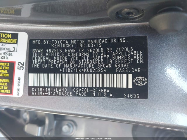 45201407 :رقم المزاد ، 4T1BZ1HK4KU025954 vin ، 2019 Toyota Camry Xle V6 مزاد بيع