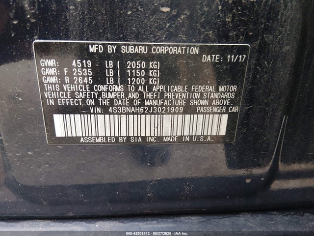 2018 Subaru Legacy 2.5i Premium მანქანა იყიდება აუქციონზე, vin: 4S3BNAH62J3021909, აუქციონის ნომერი: 45201412