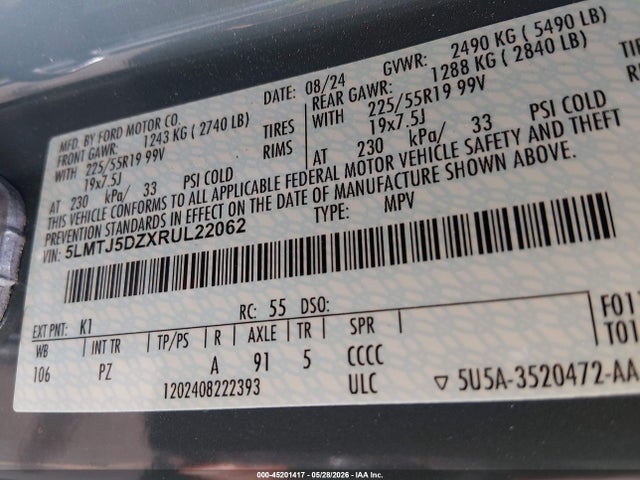 Aukcja sprzedaży 2024 Lincoln Corsair Grand Touring, vin: 5LMTJ5DZXRUL22062, numer aukcji: 45201417