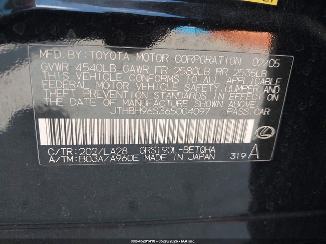 45201418 :رقم المزاد ، JTHBH96S365004097 vin ، 2006 Lexus Gs 300 مزاد بيع