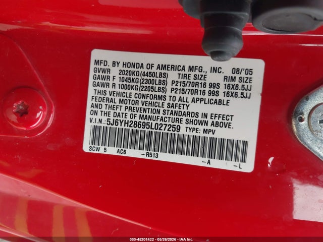 Aukcja sprzedaży 2005 Honda Element Ex, vin: 5J6YH28695L027259, numer aukcji: 45201422