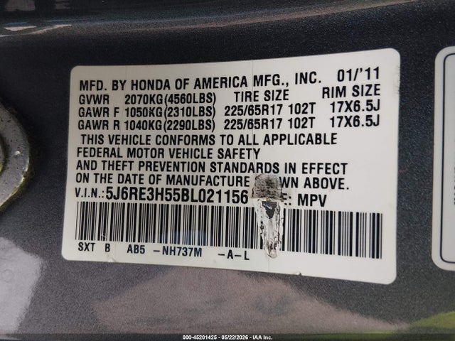 Продаж на аукціоні авто 2011 Honda Cr-v Ex, vin: 5J6RE3H55BL021156, номер лоту: 45201425