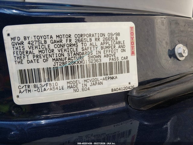 Aukcja sprzedaży 1999 Toyota Camry Le V6/xle V6, vin: JT2BF28KXX0152363, numer aukcji: 45201436