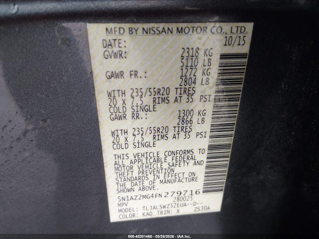 Продаж на аукціоні авто 2015 Nissan Murano Platinum, vin: 5N1AZ2MG4FN279716, номер лоту: 45201460