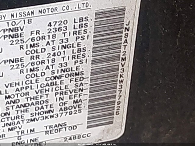 2019 Nissan Rogue Sv მანქანა იყიდება აუქციონზე, vin: JN8AT2MV3KW377925, აუქციონის ნომერი: 45201462
