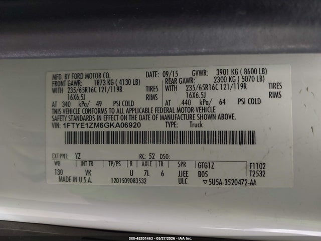 45201463 :رقم المزاد ، 1FTYE1ZM6GKA06920 vin ، 2016 Ford Transit-150 مزاد بيع