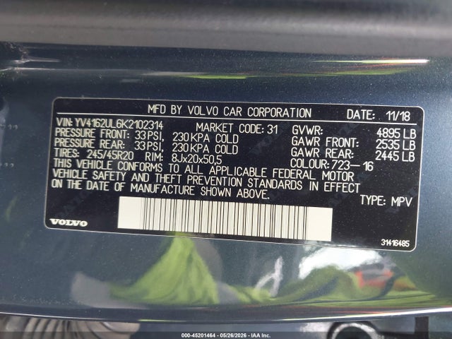 45201464 :رقم المزاد ، YV4162UL6K2102314 vin ، 2019 Volvo Xc40 T5 Inscription مزاد بيع