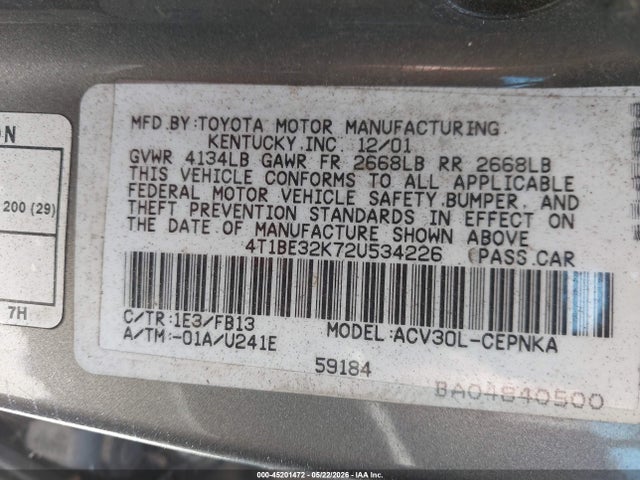 2002 Toyota Camry Le მანქანა იყიდება აუქციონზე, vin: 4T1BE32K72U534226, აუქციონის ნომერი: 45201472