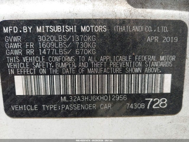 Продажа на аукционе авто 2019 Mitsubishi Mirage Es, vin: ML32A3HJ6KH012956, номер лота: 45201474