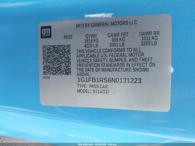 Aukcja sprzedaży 2022 Chevrolet Camaro Rwd  1lt, vin: 1G1FB1RS6N0131223, numer aukcji: 45201495