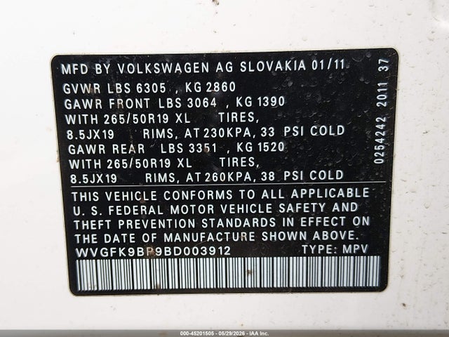 Aukcja sprzedaży 2011 Volkswagen Touareg Tdi Lux, vin: WVGFK9BP9BD003912, numer aukcji: 45201505