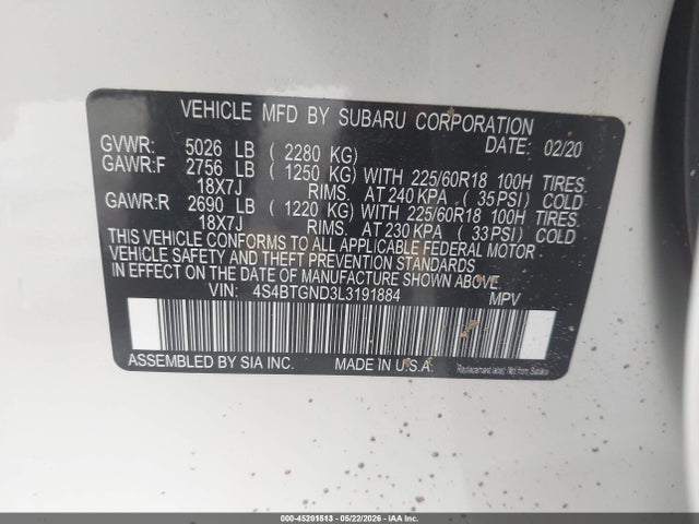 Aukcja sprzedaży 2020 Subaru Outback Limited Xt, vin: 4S4BTGND3L3191884, numer aukcji: 45201513
