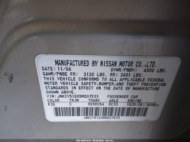 45201515 :رقم المزاد ، JNKCV51EX5M207533 vin ، 2005 Infiniti G35 مزاد بيع