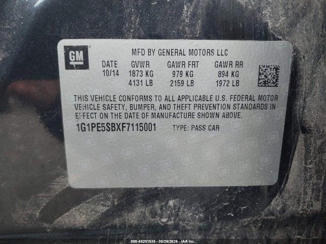 45201535 :رقم المزاد ، 1G1PE5SBXF7115001 vin ، 2015 Chevrolet Cruze 2lt Auto مزاد بيع