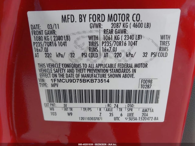 Продаж на аукціоні авто 2011 Ford Escape Xlt, vin: 1FMCU9D75BKB73514, номер лоту: 45201539