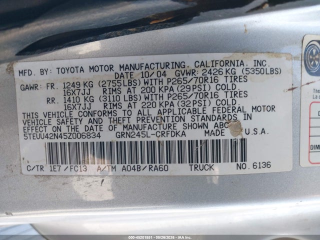 2005 Toyota Tacoma Base V6 მანქანა იყიდება აუქციონზე, vin: 5TEUU42N45Z006834, აუქციონის ნომერი: 45201551